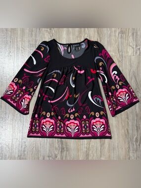 INC International Concepts Black Tunic with Pink and White Floral Border